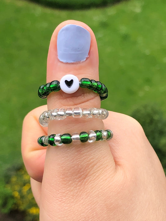 3 piece Beaded Emerald Set Rings ( heart ring, green and white ring, white ring)