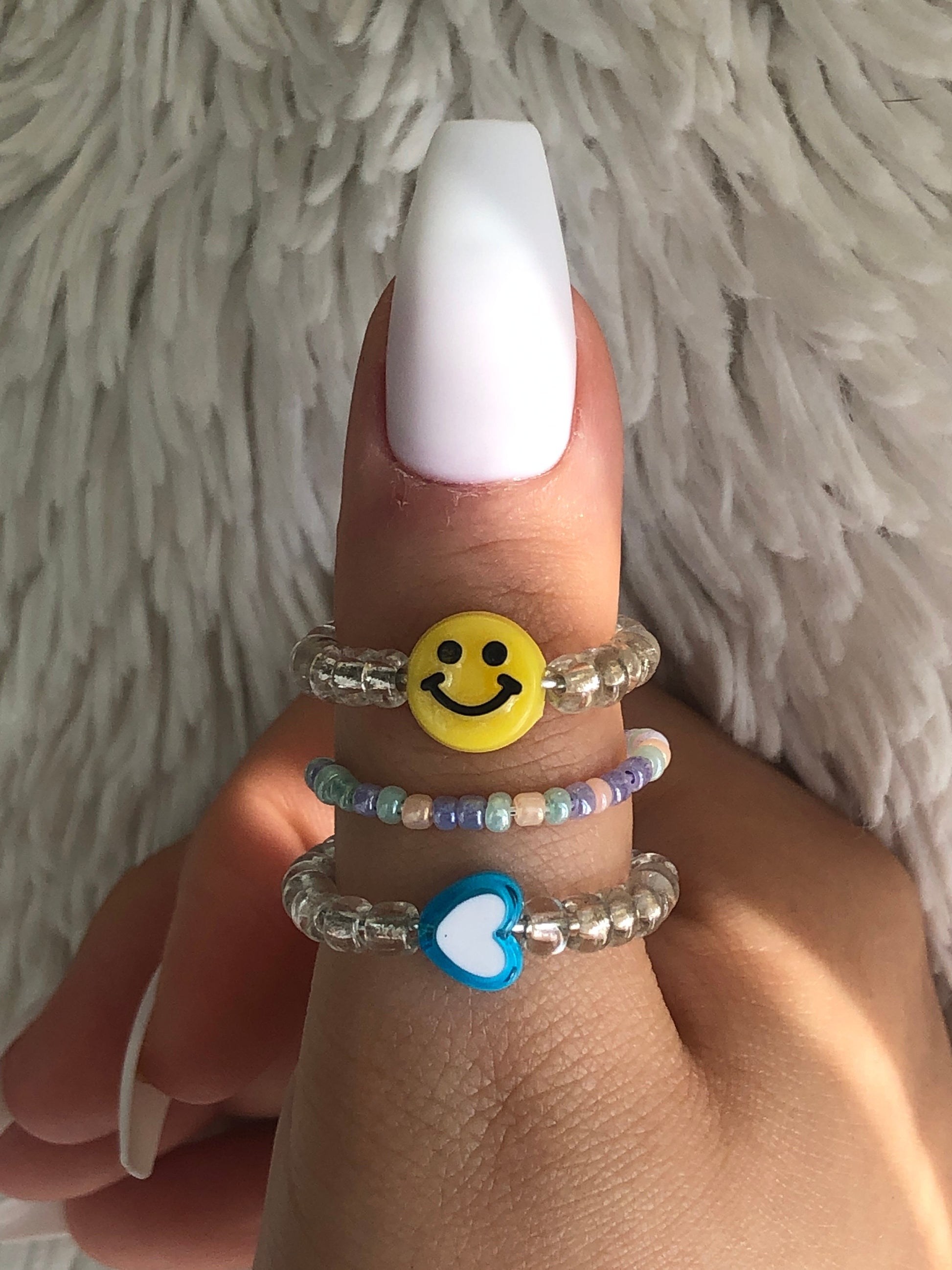 3 Piece Smiley Face Summer Rings ( smiley face, beaded ring, heart ring)